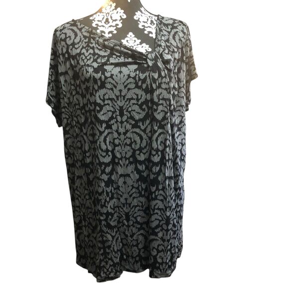 Merona Gray & Black Damask Print Blouse Size 2 (2x) Rayon Stretch Knit Top - Picture 1 of 8